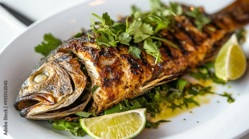 A perfectly grilled whole fish, with crispy skin and garnished with fresh herbs and lime wedges, presented on a white plate. A perfectly grilled whole fish, with crispy skin and garnished with fresh herbs and lime wedges, presented on a white plate.