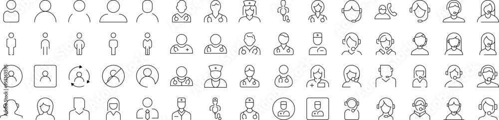 Collection of Worker Related Line Icons. Editable Stroke for Design, Web Sites, Apps, Cards. Contains Linear Images of Doctor, Dispatcher, Office Worker Collection of Worker Related Line Icons. Editable Stroke for Design, Web Sites, Apps, Cards. Contains Linear Images of Doctor, Dispatcher, Office Worker