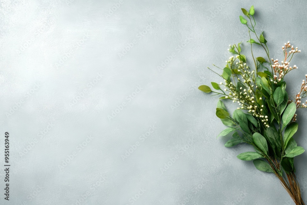 Fototapeta premium A minimalistic floral arrangement with delicate green leaves and white buds against a light gray background, perfect for use in design projects, invitations, social media posts, and web design,
