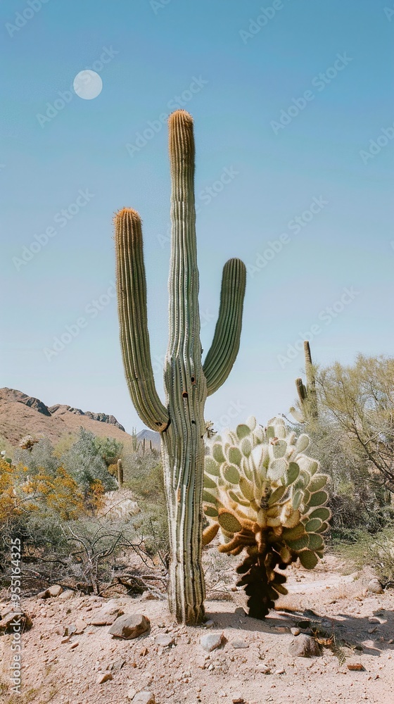 A tall cactus stands against a blue sky with a sliver of moon in the corner of the image. A tall cactus stands against a blue sky with a sliver of moon in the corner of the image.