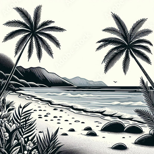 black and white stylized illustration of a serene nature scene
