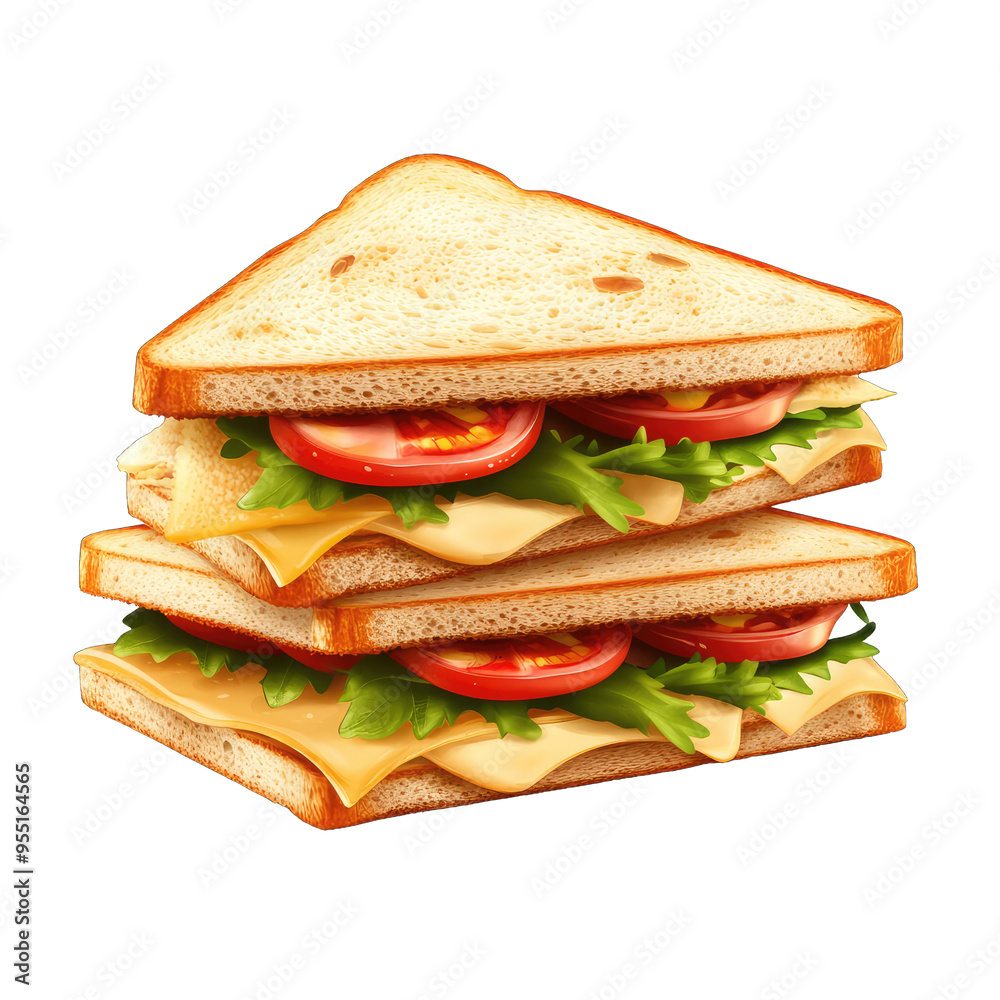 Layered sandwich with cheese, lettuce, and tomato on toasted bread, perfect for a quick meal or lunch. Layered sandwich with cheese, lettuce, and tomato on toasted bread, perfect for a quick meal or lunch.