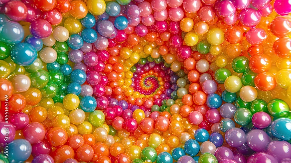 Fototapeta premium An overhead view of a colorful cluster of small, bright-colored plastic balls arranged in a spiral pattern.