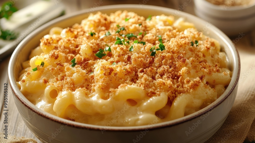 A large bowl of cheesy macaroni and cheese with a crispy breadcrumb topping, fresh out of the oven. A large bowl of cheesy macaroni and cheese with a crispy breadcrumb topping, fresh out of the oven.