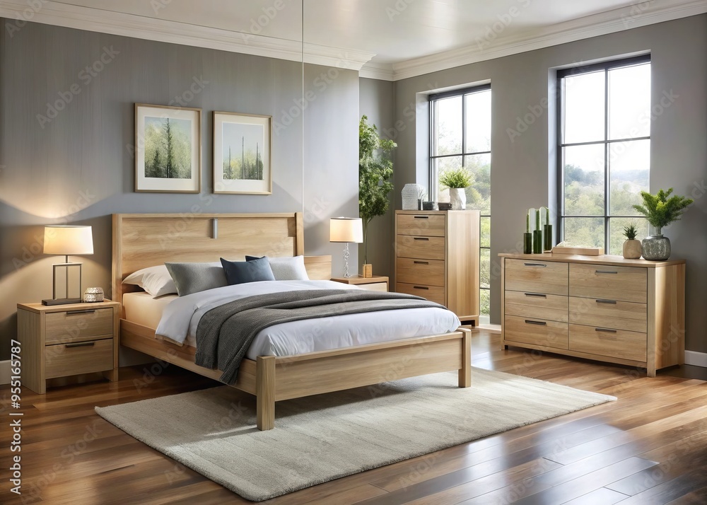 Fototapeta premium A chic bedroom features a streamlined bed upholstered in a plush fabric, paired with minimalist bedside tables and