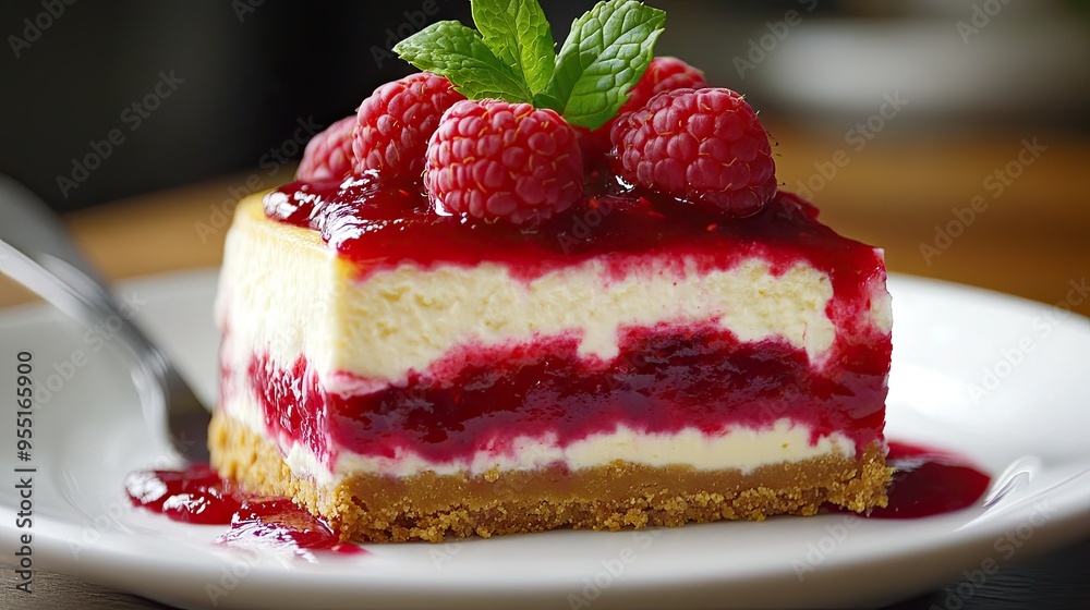 A luxurious cheesecake with a golden graham cracker crust, topped with a raspberry compote and a sprig of mint. A luxurious cheesecake with a golden graham cracker crust, topped with a raspberry compote and a sprig of mint.