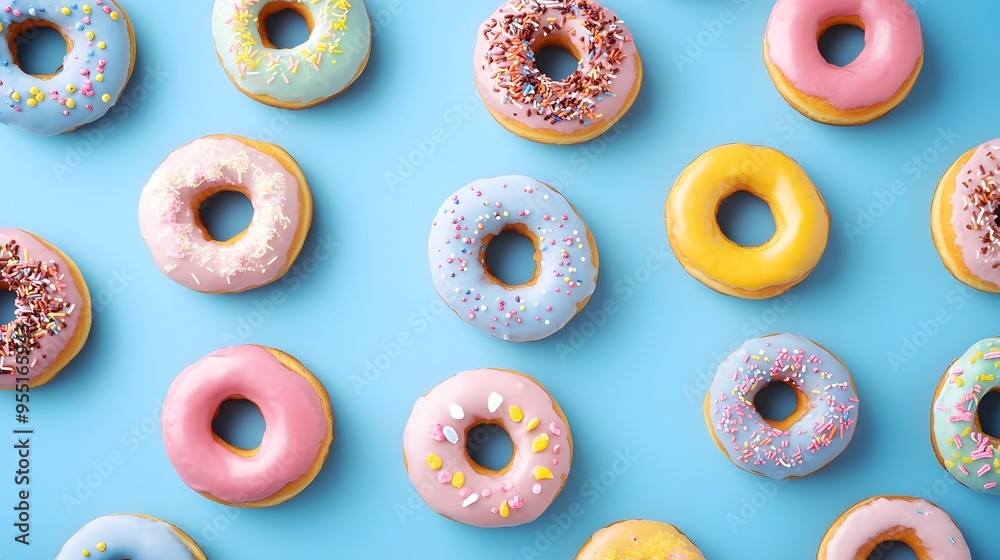 Colorful doughnuts on a blue background, top view, flat lay. Pattern of different shades and shapes with icing, sprinkles, and chocolate drizzle Colorful doughnuts on a blue background, top view, flat lay. Pattern of different shades and shapes with icing, sprinkles, and chocolate drizzle