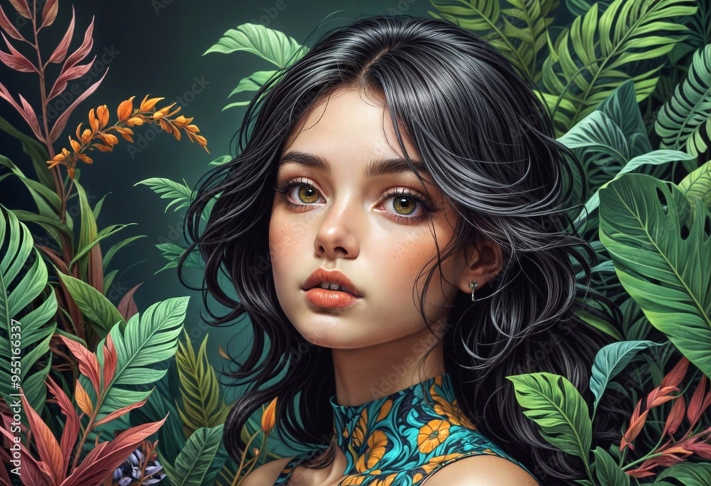 Beautiful girl close-up with loose hair against the background of leaves Beautiful girl close-up with loose hair against the background of leaves