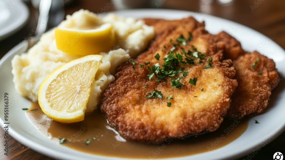 A plate of crispy chicken schnitzel served with a wedge of lemon and a side of creamy mashed potatoes and gravy, a comforting classic dish. A plate of crispy chicken schnitzel served with a wedge of lemon and a side of creamy mashed potatoes and gravy, a comforting classic dish.