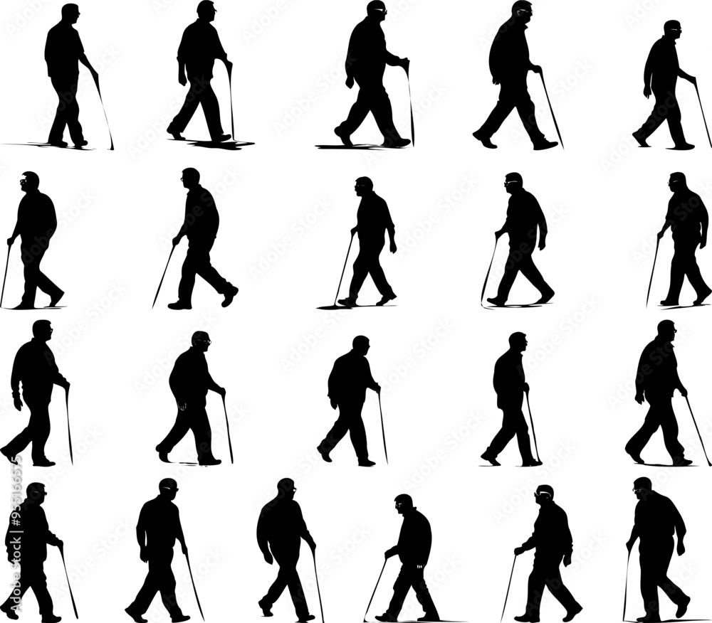 Obraz premium Silhouette Illustration of Blind Man Walking with Cane 