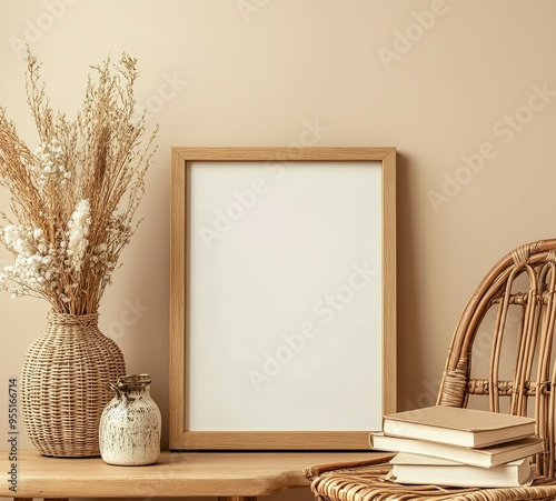 Wooden Frame, Wicker Chair, Dried Flowers, and Books on a Tabletop