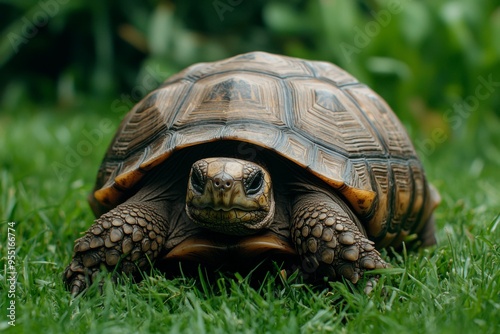 A Close-Up of a Tortoise in a Green Grassy Area