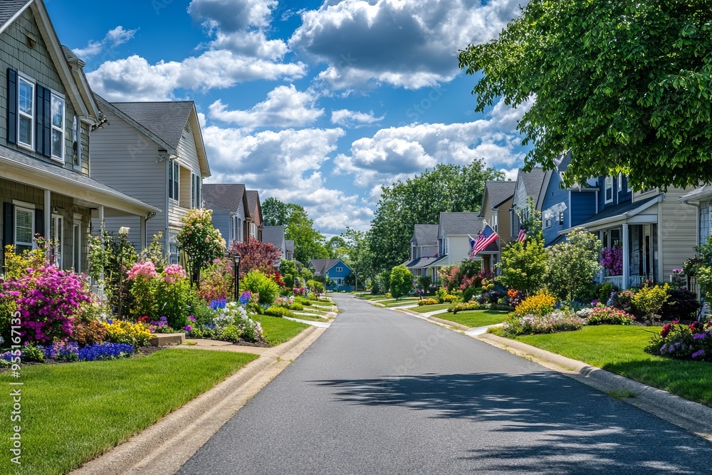 Peaceful Suburban Street with American Flags. AI generated illustration Peaceful Suburban Street with American Flags. AI generated illustration