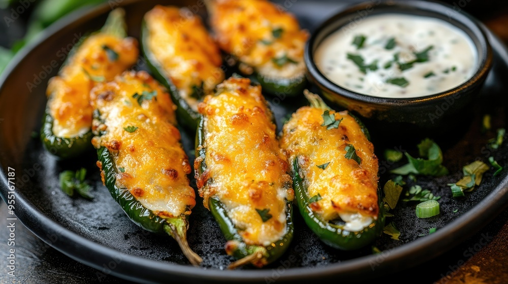 A plate of spicy jalapeo poppers stuffed with cheese, served with a side of creamy ranch dipping sauce.