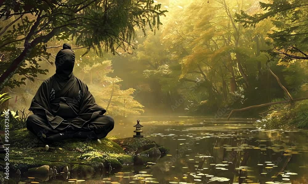 Ninja meditating by a tranquil pond in a forest. Reflection, nature, peaceful setting, mindfulness, zen, water, solitude, calm, meditation practice, Japanese culture, inner peace Generative AI Ninja meditating by a tranquil pond in a forest. Reflection, nature, peaceful setting, mindfulness, zen, water, solitude, calm, meditation practice, Japanese culture, inner peace Generative AI