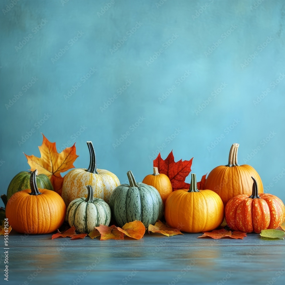 Rustic Pumpkin Display on Wooden Table with Autumn Leaves Rustic Pumpkin Display on Wooden Table with Autumn Leaves