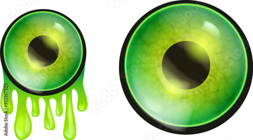 vector green zombie eye with slime isolated on white background. Vector 3d monster eye png clip art illustration. Eyeball isolated