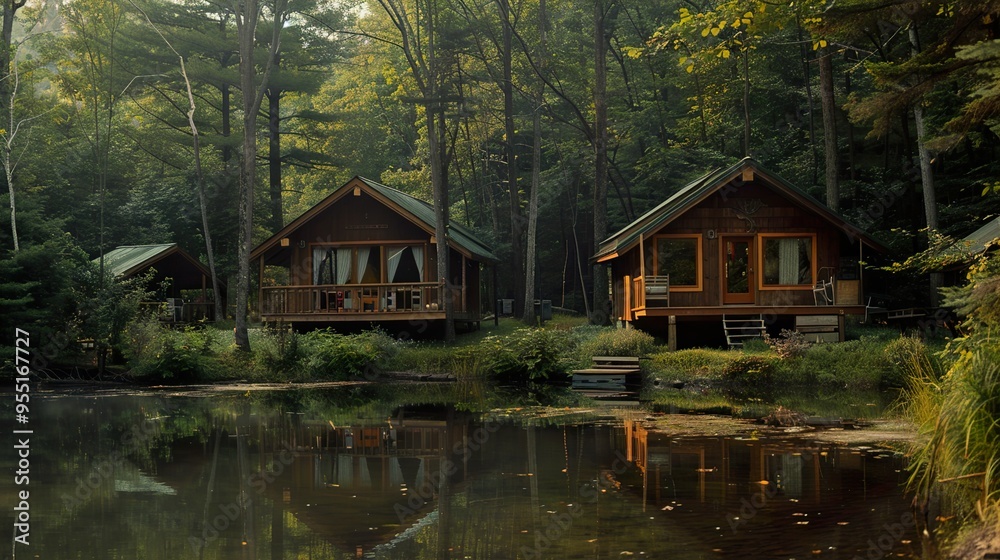 Three wooden cabins sit by a tranquil pond in a lush forest setting, with the reflection of the cabins visible in the water. Three wooden cabins sit by a tranquil pond in a lush forest setting, with the reflection of the cabins visible in the water.