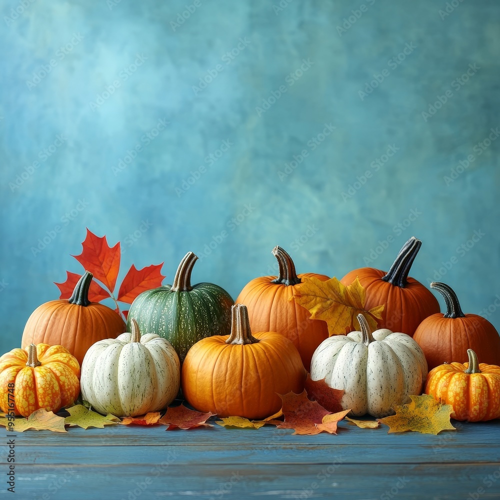 Rustic Pumpkin Display on Wooden Table with Autumn Leaves Rustic Pumpkin Display on Wooden Table with Autumn Leaves