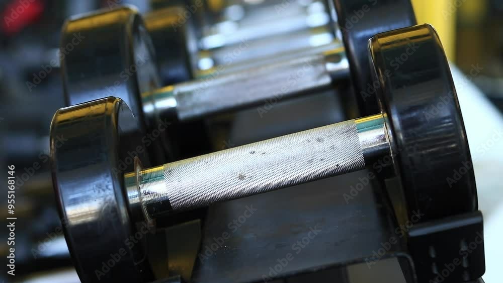 Female hands, bodybuilding. Dumbbells in the gym. Close-up of female hand placing dumbbell on the rack for training in the gym. Strength training with fitness equipment. Sports concept Female hands, bodybuilding. Dumbbells in the gym. Close-up of female hand placing dumbbell on the rack for training in the gym. Strength training with fitness equipment. Sports concept