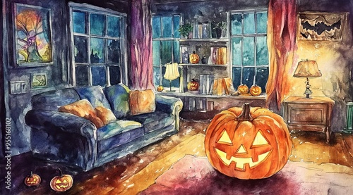 Halloween-themed living room, a sofa with pumpkins glowing brightly on and around it. The space is decorated with autumn leaves, a lit lantern, candles, and bookshelves, watercolor,cartoon style