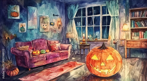 Halloween-themed living room, a sofa with pumpkins glowing brightly on and around it. The space is decorated with autumn leaves, a lit lantern, candles, and bookshelves, watercolor,cartoon style