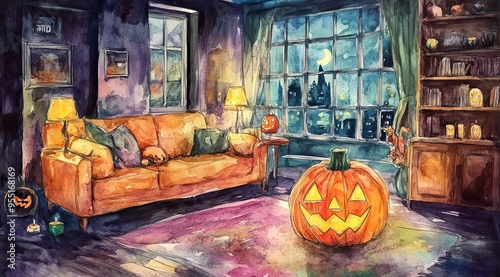 Halloween-themed living room, a sofa with pumpkins glowing brightly on and around it. The space is decorated with autumn leaves, a lit lantern, candles, and bookshelves, watercolor,cartoon style
