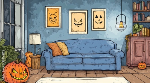 Halloween-themed living room, a sofa with pumpkins glowing brightly on and around it. The space is decorated with autumn leaves, a lit lantern, candles, and bookshelves, watercolor,cartoon style