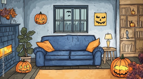 Halloween-themed living room, a sofa with pumpkins glowing brightly on and around it. The space is decorated with autumn leaves, a lit lantern, candles, and bookshelves, watercolor,cartoon style