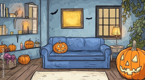 Halloween-themed living room, a sofa with pumpkins glowing brightly on and around it. The space is decorated with autumn leaves, a lit lantern, candles, and bookshelves, watercolor,cartoon style