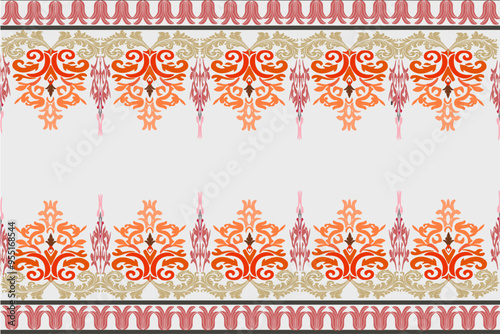 Geometric seamless fabric pattern, European native damask pattern, light orange-brown flowers, white background, illustration, vector, wallpaper border photo