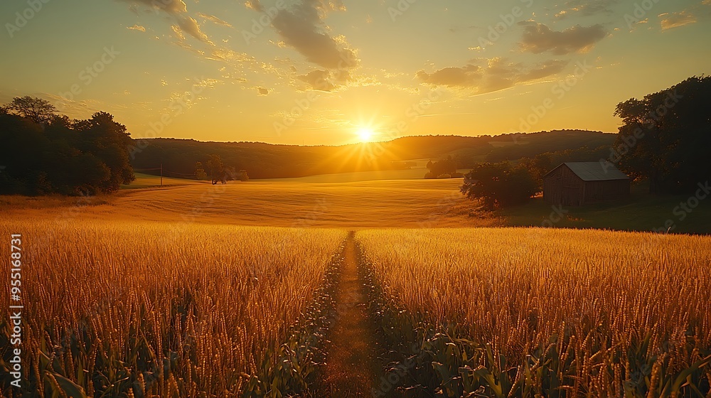 Obraz premium A tranquil scene of a cornfield bathed in the golden light of a setting sun, with long shadows stretching across the field. The sky is ablaze with warm hues, reflecting off the golden corn,