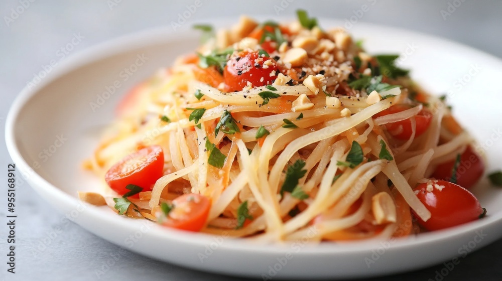 A plate of Som Tum (papaya salad) with shredded green papaya, cherry tomatoes, and peanuts, beautifully presented on a white dish. A plate of Som Tum (papaya salad) with shredded green papaya, cherry tomatoes, and peanuts, beautifully presented on a white dish.