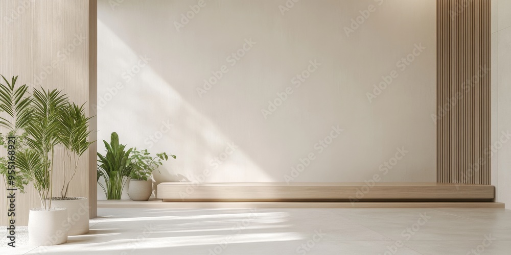 Fototapeta premium Bright and modern interior showcasing a minimalist space with plants and warm wood accents, perfect for relaxation or inspiration.