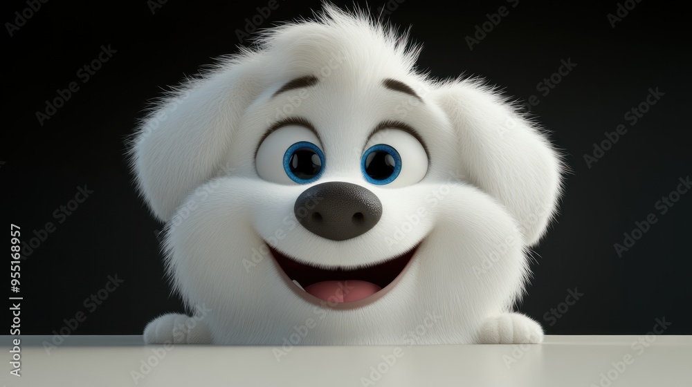 A fluffy dog with big blue eyes eagerly peers over the table's edge A fluffy dog with big blue eyes eagerly peers over the table's edge