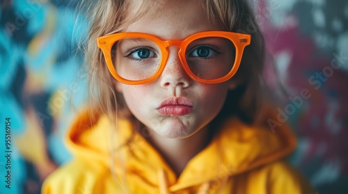 A cute little girl, wearing oversized orange glasses and a yellow hoodie, striking a pose with pouty lips in front of a vibrant, abstract background mural.