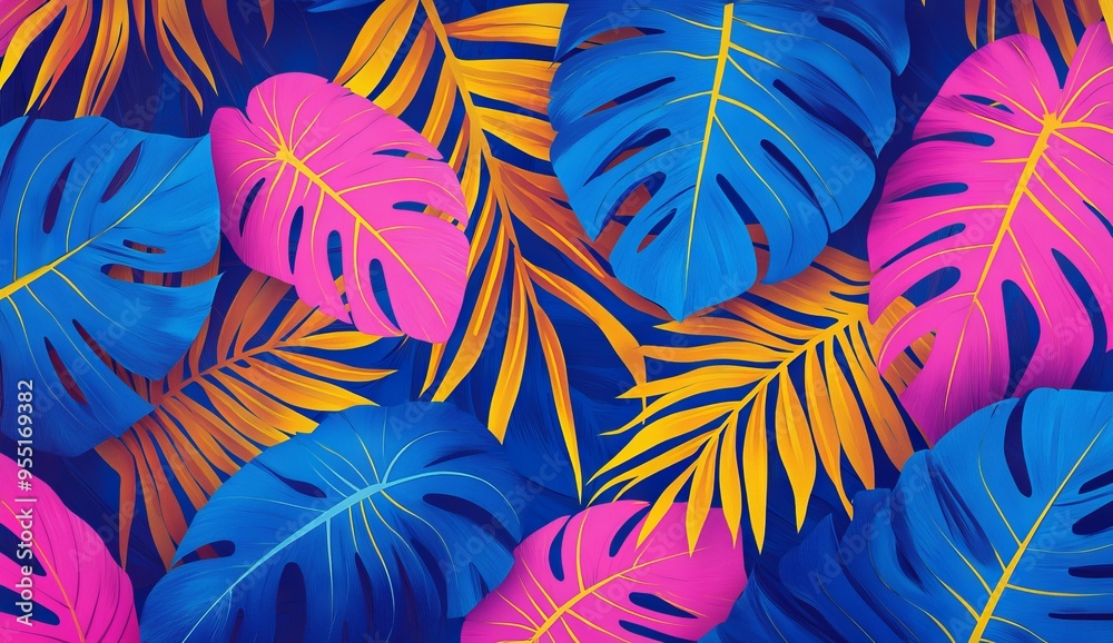 Vibrant Tropical Leaves Pattern in Neon Colors. AI generated illustration Vibrant Tropical Leaves Pattern in Neon Colors. AI generated illustration