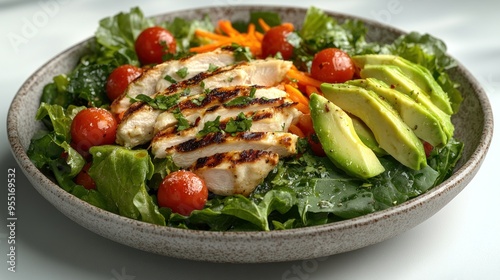 A vibrant salad filled with grilled chicken, cherry tomatoes, avocado, and greens