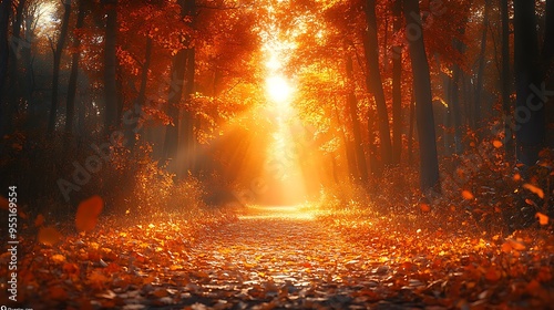 A wide-angle photograph of a golden forest path, sunlit with fallen leaves covering the ground, leading through a dense autumn forest with vibrant orange and red foliage.