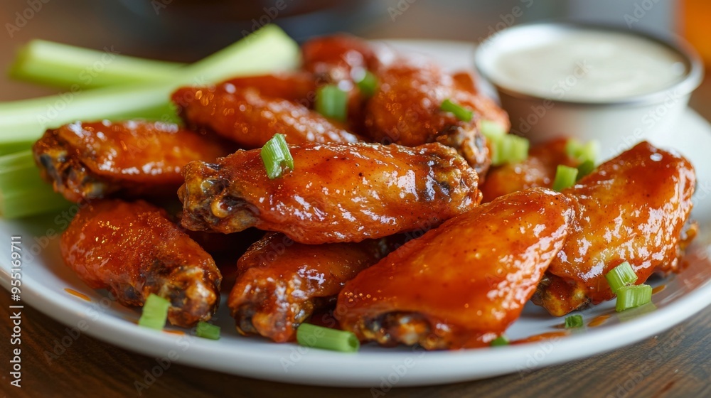 A plate of spicy buffalo wings, coated in a fiery sauce and served with creamy blue cheese dressing and crisp celery sticks, perfect for game day. A plate of spicy buffalo wings, coated in a fiery sauce and served with creamy blue cheese dressing and crisp celery sticks, perfect for game day.