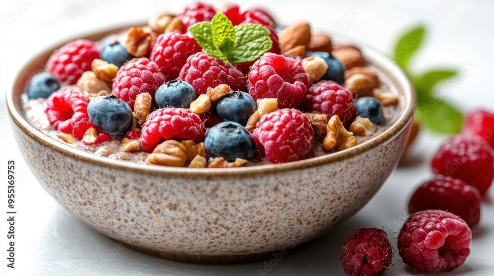 A colorful bowl filled with raspberries, blueberries, and nuts sits invitingly A colorful bowl filled with raspberries, blueberries, and nuts sits invitingly