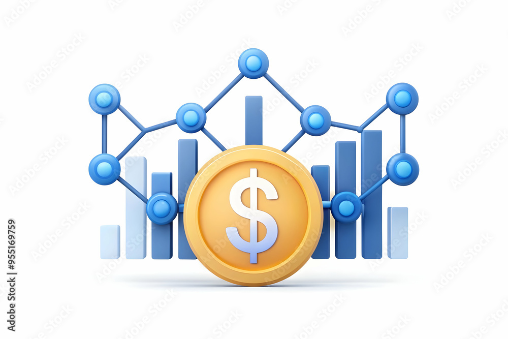 3D AI Predictive Analytics with Money Symbol Concept: Vector Illustration of AI Forecasting Financial Outcomes and Managing Costs on White Background