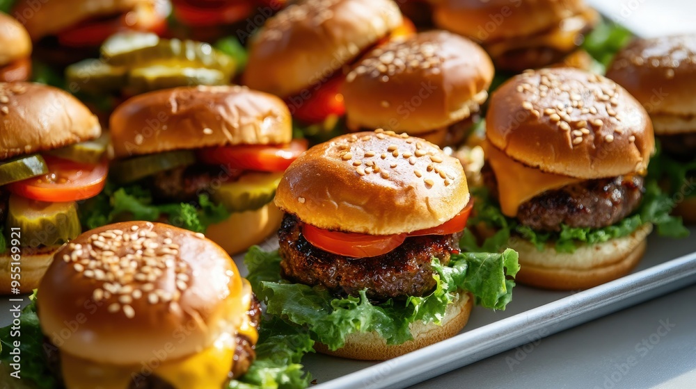 A tray of mini sliders with various toppings like cheese, lettuce, tomato, and pickles, perfect for a party. A tray of mini sliders with various toppings like cheese, lettuce, tomato, and pickles, perfect for a party.