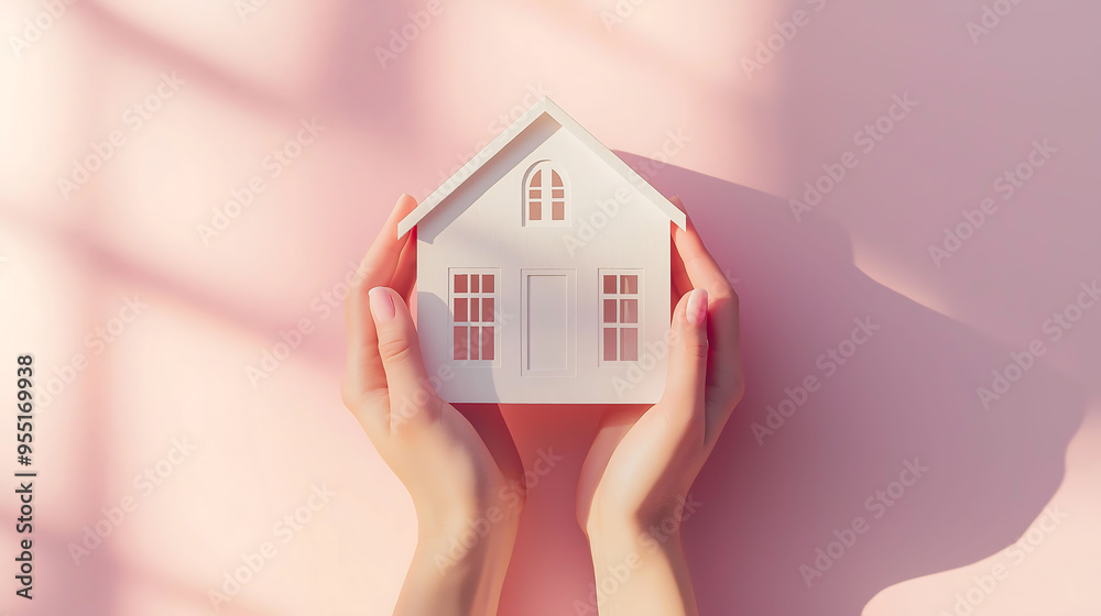 Close up hands holding a paper with house shape, model home on the middle against pastel pink on background, Real estate concept Close up hands holding a paper with house shape, model home on the middle against pastel pink on background, Real estate concept