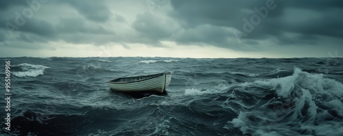 Small row boat in rough seas, no body, Panoramic danger, scary concept for trials and tribulations, religion, christianity. Old man in the sea. Hemingway.