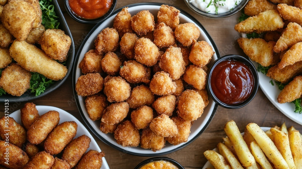A variety of fried snacks, including chicken nuggets, potato wedges, and mozzarella sticks, arranged on a platter. A variety of fried snacks, including chicken nuggets, potato wedges, and mozzarella sticks, arranged on a platter.
