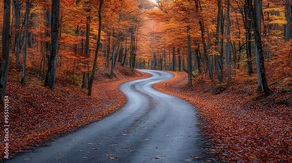 Obraz premium A wide-angle view of a curving road through a forest filled with trees in full autumn colors. The road is covered in fallen leaves, and the soft,