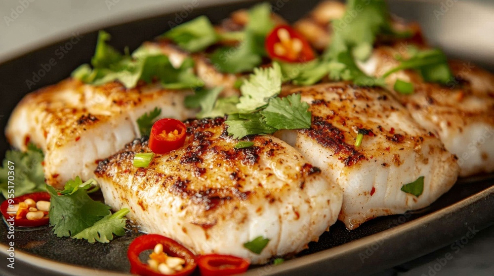 A plate of succulent grilled fish fillets, seasoned and cooked to perfection, garnished with fresh cilantro and sliced chili peppers. A plate of succulent grilled fish fillets, seasoned and cooked to perfection, garnished with fresh cilantro and sliced chili peppers.
