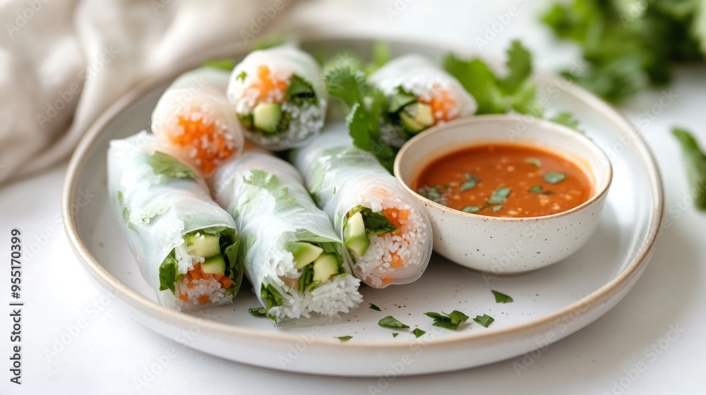 A plate of Thai Spring Rolls with dipping sauce, showcasing the crispy exterior and fresh ingredients, set on a white surface. A plate of Thai Spring Rolls with dipping sauce, showcasing the crispy exterior and fresh ingredients, set on a white surface.