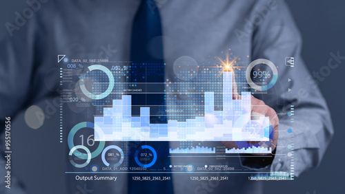 A professional analyzes interactive data visualizations, showcasing graphical representations of analytics and performance metrics to drive informed business decisions and strategic planning